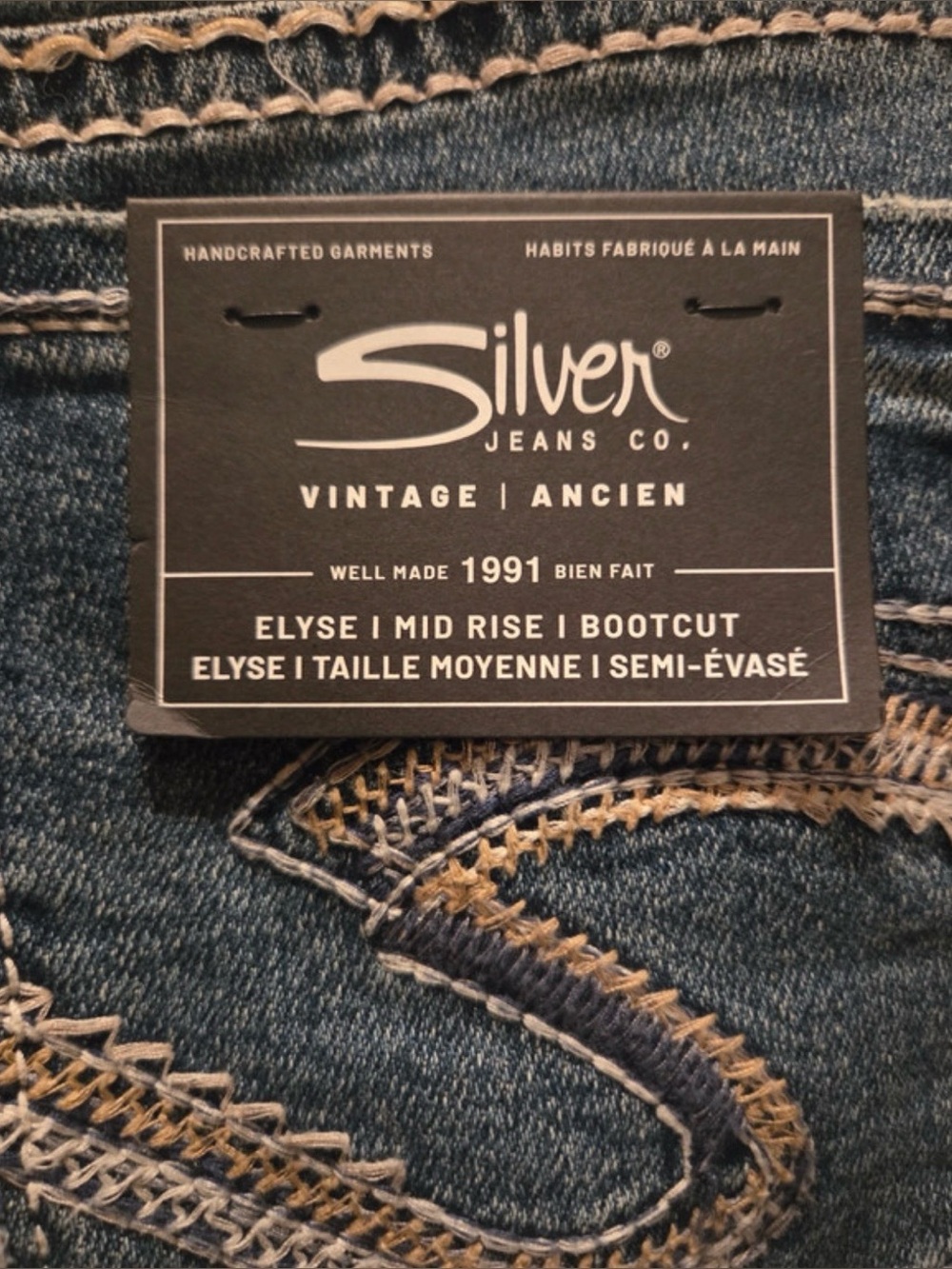 Silver Jeans Elyse Mid-Rise Bootcut Jeans — Dark Blue with Tan Stitching
